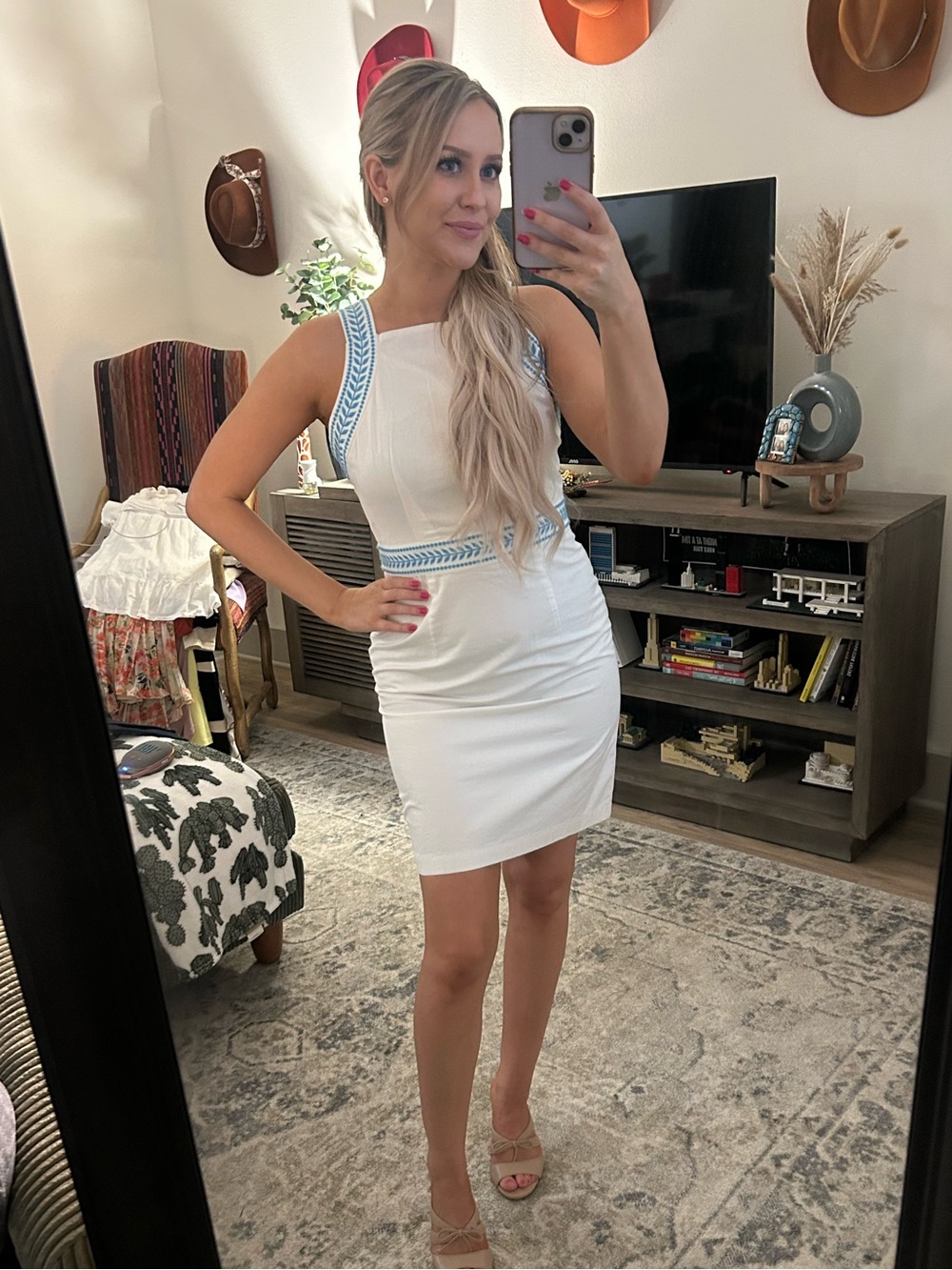 Ann Taylor White Mini Dress with Light Blue Embroidered Trim